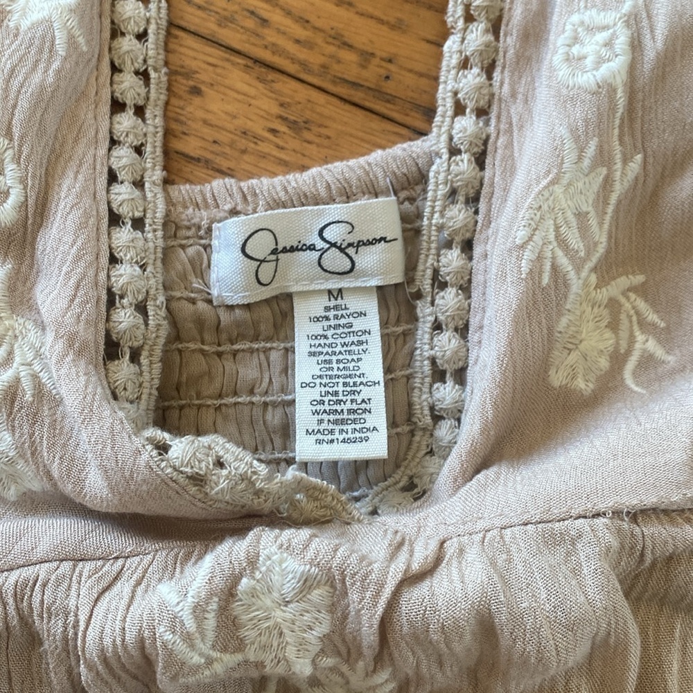 NWT Jessica Simpson Beige Sundress Tie Shoulder Bohemian Embroidered Dress Sz M - Picture 10 of 14